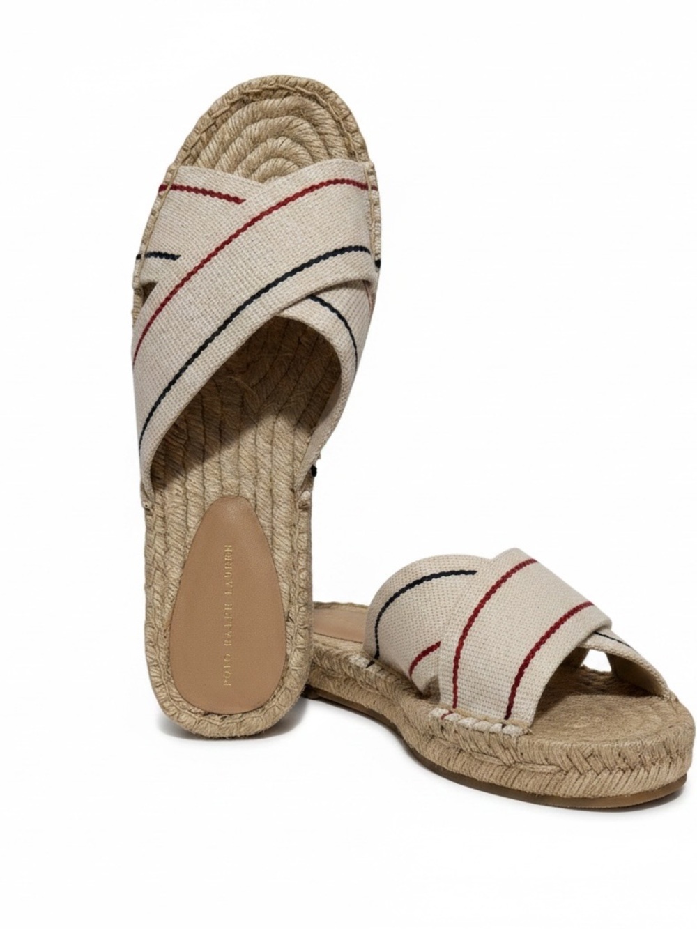 Polo by Ralph Lauren Cream Espadrille Slide Sandals with Red and Navy Stripes